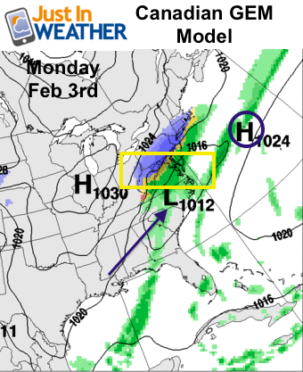 Canadian GEM Model showing a storm Monday afternoon Feb 3rd.